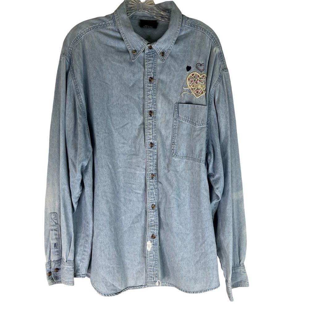 Vintage Won Wear Button Down Womens Blue Embroidered Heart Denim Cotton Shirt XL